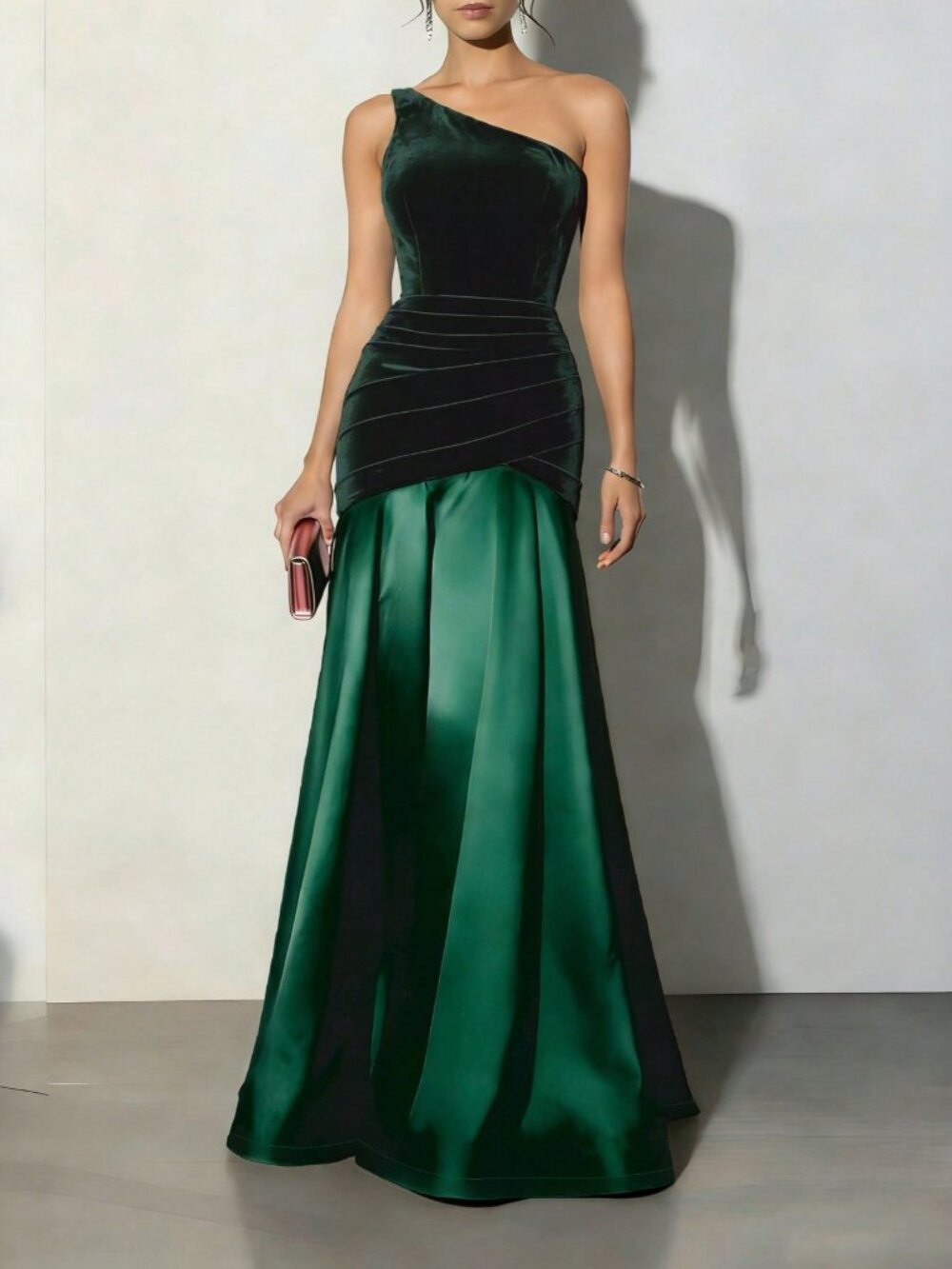 Green Elegant Women's Asymmetrical Ruched Velvet Maxi A-Line Dress